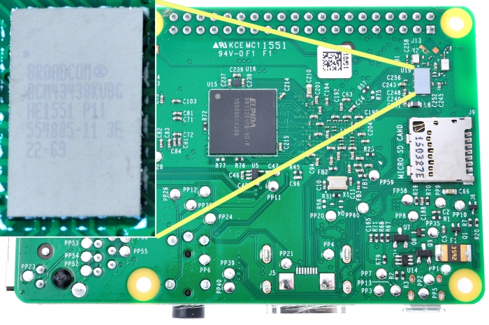 Rasberry Pi 3B underside showing enlarged BCM43438 wifi/BT chip