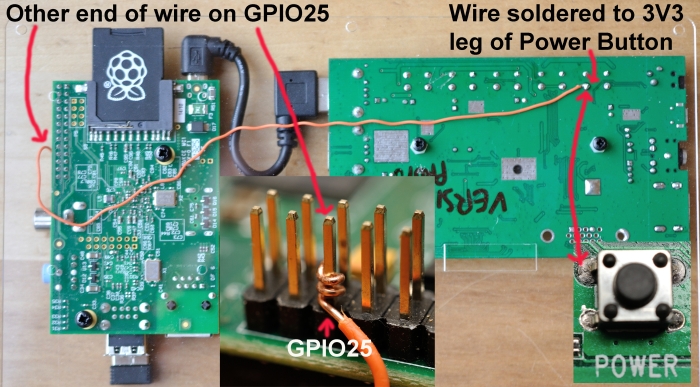 Wire connecting HDMIPi power button to GPIO25