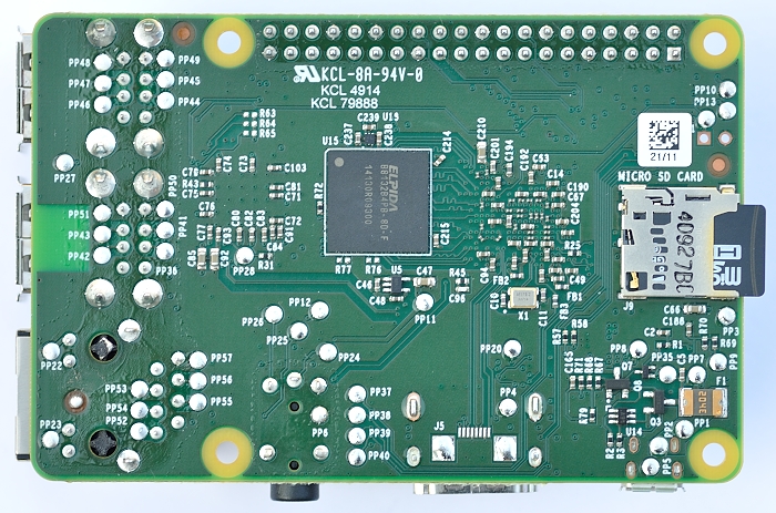 Underside of Raspberry Pi 2 showing the 1 Gb RAM chip