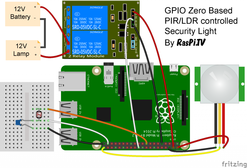 Circuit for GPIO Zero PIR/LDR 12V Security Light