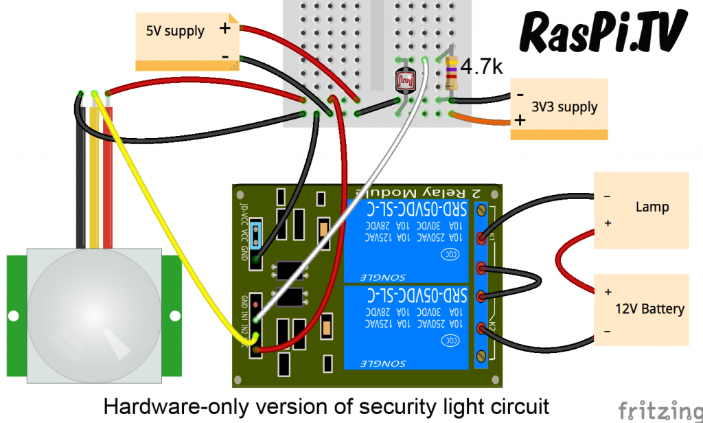 Security light circuit in hardware only. Zero lines of code.