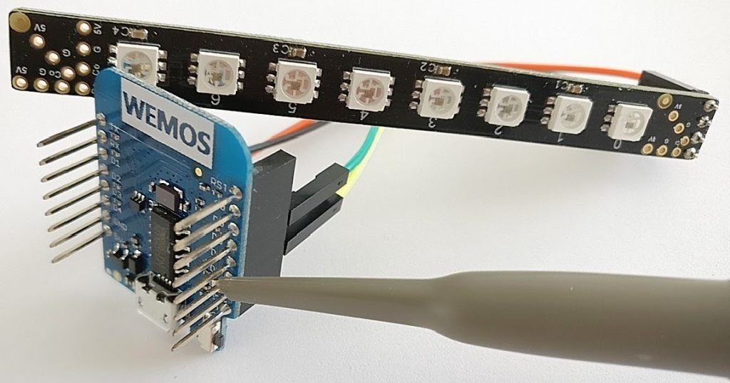 Long-pinned Wemos showing scope probe attachment