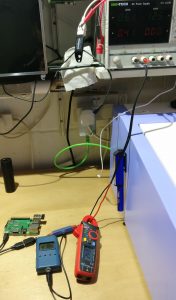 eMeter, clamp meter and bench PSU all being used to check power consumption of Raspberry Pi 3B plus